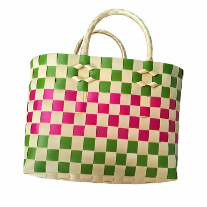 Pink and Green Checkered Woven Plastic Tote Bag