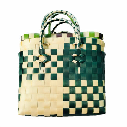 Green and Beige Checkered Woven Plastic Tote Bag