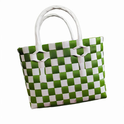 White and Green Checkered Woven Plastic Tote Bag